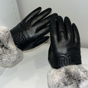 CHANEL REAL RABBIT FUR + REAL LEATHER GLOVES